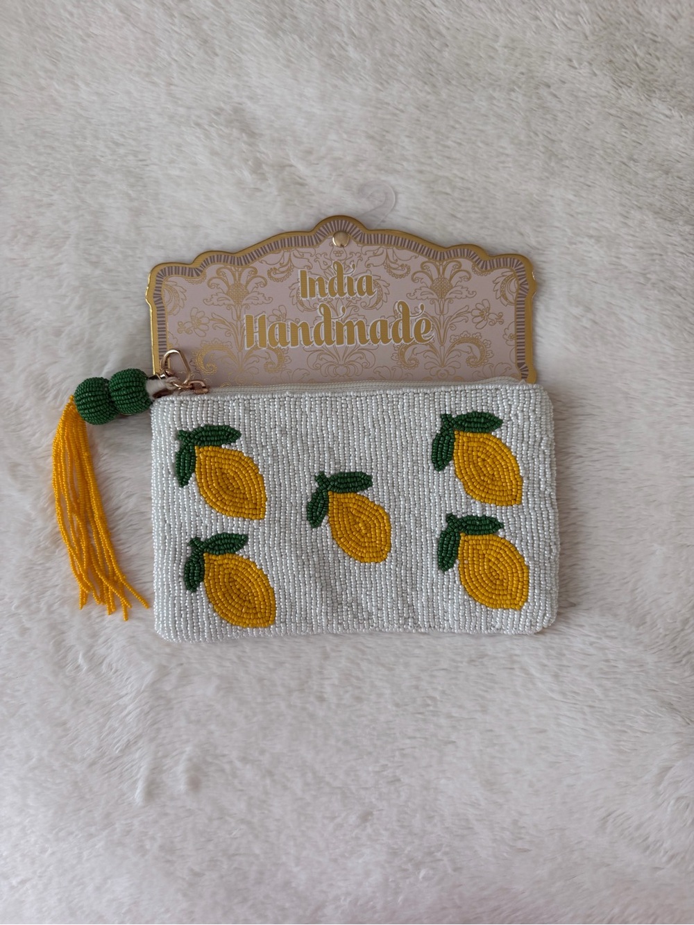NWT Handmade India Lemon Beaded Pouch For White Yellow Green tassel